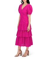 Kensie Embroidered Cotton V Neck Short Sleeve Ruched Ruffle Drop Waist Midi Dress