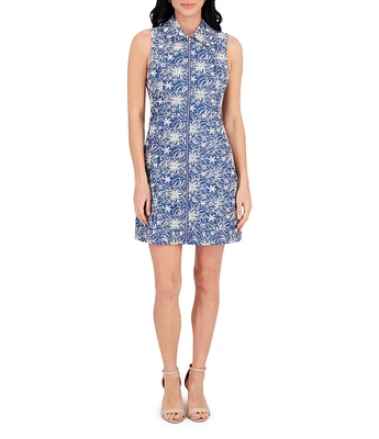 Kensie Embroidered Denim Point Collar Neck Sleeveless Front Zip Shift Mini Dress