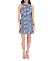 Kensie Embroidered Denim Point Collar Neck Sleeveless Front Zip Shift Mini Dress