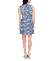 Kensie Embroidered Denim Point Collar Neck Sleeveless Front Zip Shift Mini Dress