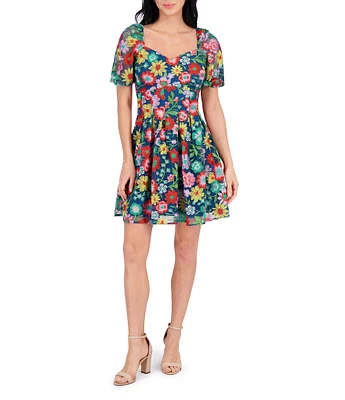 Kensie Embroidered Floral Mesh Sweetheart Neck Short Sleeve A-Line Mini Dress