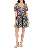 Kensie Embroidered Floral Mesh Sweetheart Neck Short Sleeve A-Line Mini Dress