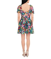 Kensie Embroidered Floral Mesh Sweetheart Neck Short Sleeve A-Line Mini Dress