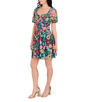 Kensie Embroidered Floral Mesh Sweetheart Neck Short Sleeve A-Line Mini Dress