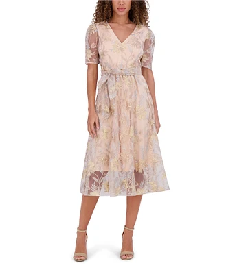 Kensie Embroidered Lace Mesh V-Neck Short Sleeve Self Tie Belt A-Line Midi Dress