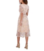 Kensie Embroidered Lace Mesh V-Neck Short Sleeve Self Tie Belt A-Line Midi Dress