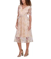 Kensie Embroidered Lace Mesh V-Neck Short Sleeve Self Tie Belt A-Line Midi Dress