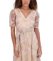 Kensie Embroidered Lace Mesh V-Neck Short Sleeve Self Tie Belt A-Line Midi Dress