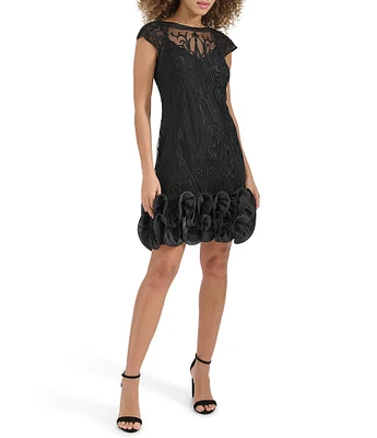 Kensie Embroidered Mesh Boat Neck Cap Sleeve Scoop Back Ruffle Hem Mini Dress