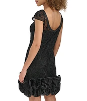 Kensie Embroidered Mesh Boat Neck Cap Sleeve Scoop Back Ruffle Hem Mini Dress