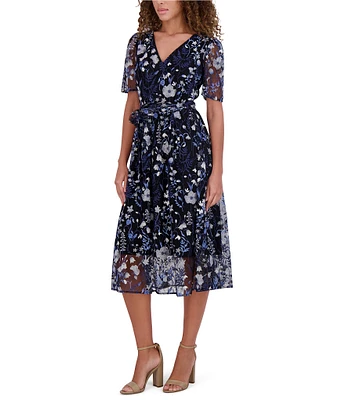 Kensie Embroidered Mesh Floral Pattern V-Neck Short Puff Sleeves Belted A-Line Dress