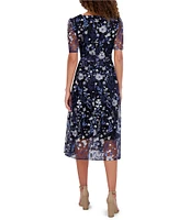 Kensie Embroidered Mesh Floral Pattern V-Neck Short Puff Sleeves Belted A-Line Dress