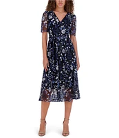 Kensie Embroidered Mesh Floral Pattern V-Neck Short Puff Sleeves Belted A-Line Dress
