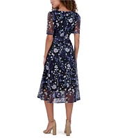 Kensie Embroidered Mesh Floral Pattern V-Neck Short Puff Sleeves Belted A-Line Dress