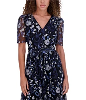 Kensie Embroidered Mesh Floral Pattern V-Neck Short Puff Sleeves Belted A-Line Dress