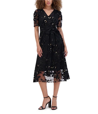 Kensie Embroidered Velvet Mesh Floral Pattern V-Neck Short Sleeve Belted A-Line Dress