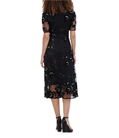 Kensie Embroidered Velvet Mesh Floral Pattern V-Neck Short Sleeve Belted A-Line Dress