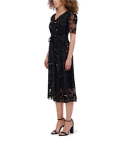 Kensie Embroidered Velvet Mesh Floral Pattern V-Neck Short Sleeve Belted A-Line Dress