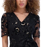 Kensie Embroidered Velvet Mesh Floral Pattern V-Neck Short Sleeve Belted A-Line Dress