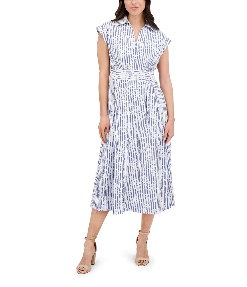 Kensie Embroidered Woven Stripe Print Point Collar Neck Short Sleeve Shirt Midi Dress