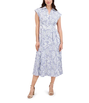 Kensie Embroidered Woven Stripe Print Point Collar Neck Short Sleeve Shirt Midi Dress