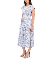 Kensie Embroidered Woven Stripe Print Point Collar Neck Short Sleeve Shirt Midi Dress