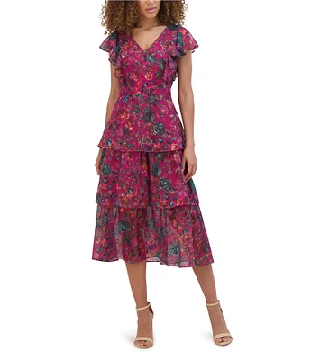 Kensie Floral Burnout Chiffon V-Neck Flutter Sleeve Tiered Midi Dress