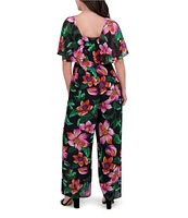 Kensie Floral Chiffon V-Neck Overlay Wide Leg Jumpsuit