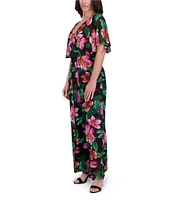 Kensie Floral Chiffon V-Neck Overlay Wide Leg Jumpsuit