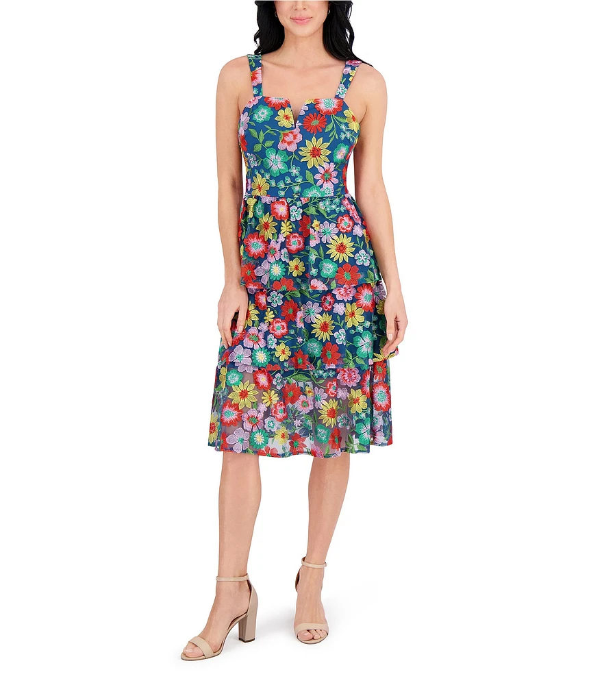 Kensie Floral Embroidered Mesh Square Neck Sleeveless Ruffle Tiered A-Line Dress
