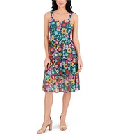 Kensie Floral Embroidered Mesh Square Neck Sleeveless Ruffle Tiered A-Line Dress