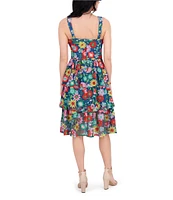 Kensie Floral Embroidered Mesh Square Neck Sleeveless Ruffle Tiered A-Line Dress