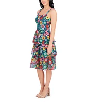 Kensie Floral Embroidered Mesh Square Neck Sleeveless Ruffle Tiered A-Line Dress