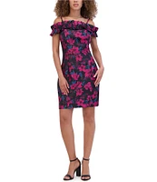 Kensie Floral Jacquard Ruffle Off The Shoulder Neck Cap Sleeve Dress