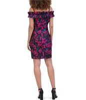 Kensie Floral Jacquard Ruffle Off The Shoulder Neck Cap Sleeve Dress