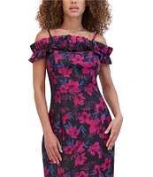 Kensie Floral Jacquard Ruffle Off The Shoulder Neck Cap Sleeve Dress