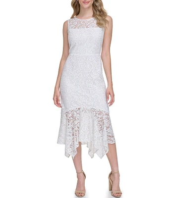 Kensie Floral Lace Illusion Crew Neck Sleeveless Handkerchief Hem Dress