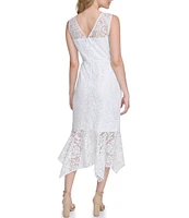 Kensie Floral Lace Illusion Crew Neck Sleeveless Handkerchief Hem Dress