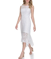 Kensie Floral Lace Illusion Crew Neck Sleeveless Handkerchief Hem Dress