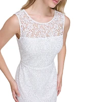 Kensie Floral Lace Illusion Crew Neck Sleeveless Handkerchief Hem Dress