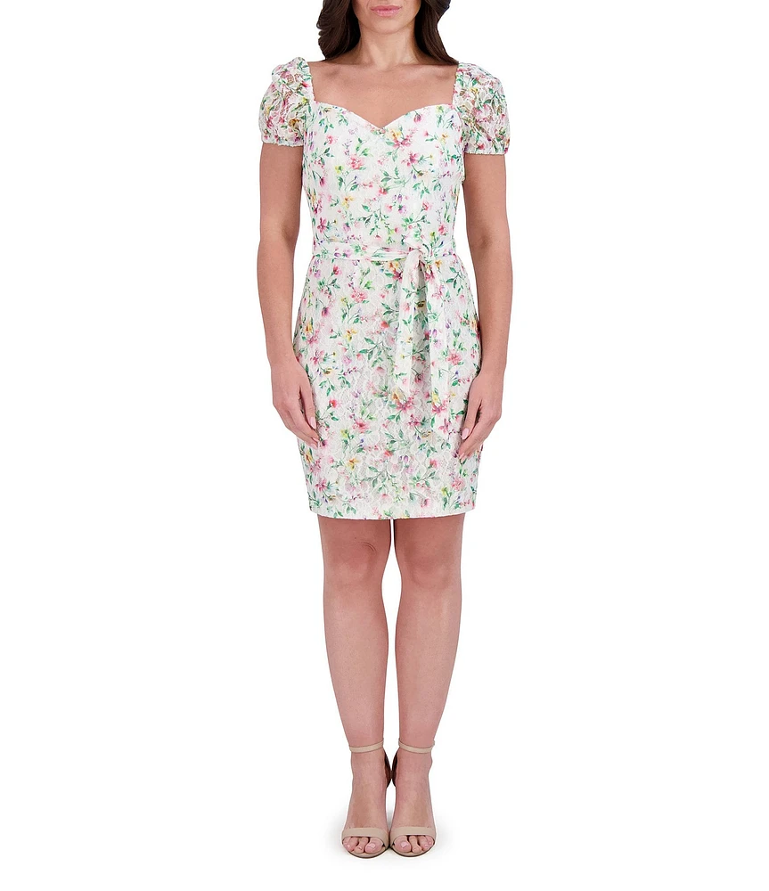 Kensie Floral Mesh Knit Sweetheart Neck Puff Sleeves Belted Sheath Mini Dress