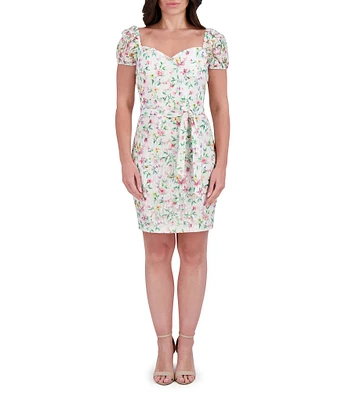 Kensie Floral Mesh Knit Sweetheart Neck Puff Sleeves Belted Sheath Mini Dress