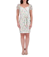 Kensie Floral Mesh Knit Sweetheart Neck Puff Sleeves Belted Sheath Mini Dress