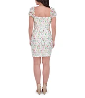 Kensie Floral Mesh Knit Sweetheart Neck Puff Sleeves Belted Sheath Mini Dress