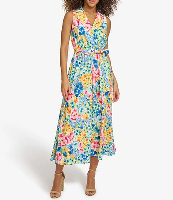 Kensie Floral Notch Collar Surplice V-Neck Sleeveless Tie Waist Wrap Midi Shirt Dress