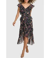 Kensie Floral Print Chiffon V-Neck Flutter Sleeve Ruffle Trim Smocked High Low Dress