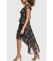 Kensie Floral Print Chiffon V-Neck Flutter Sleeve Ruffle Trim Smocked High Low Dress