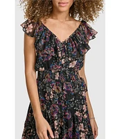 Kensie Floral Print Chiffon V-Neck Flutter Sleeve Ruffle Trim Smocked High Low Dress