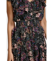 Kensie Floral Print Chiffon V-Neck Flutter Sleeve Ruffle Trim Smocked High Low Dress