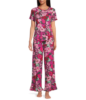 Kensie Floral Print Short Sleeve Round Neck Knit Pant Pajama Set